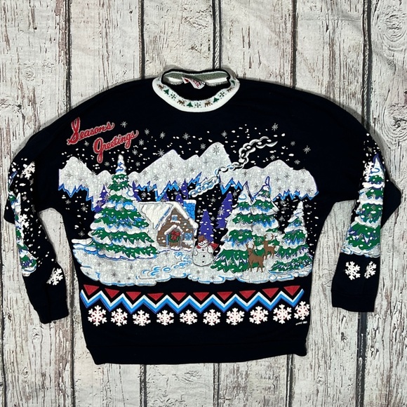 Vintage Seasons Greetings Nutcracker Ugly Christmas Sweater 80s Sweatshirt - Picture 1 of 8